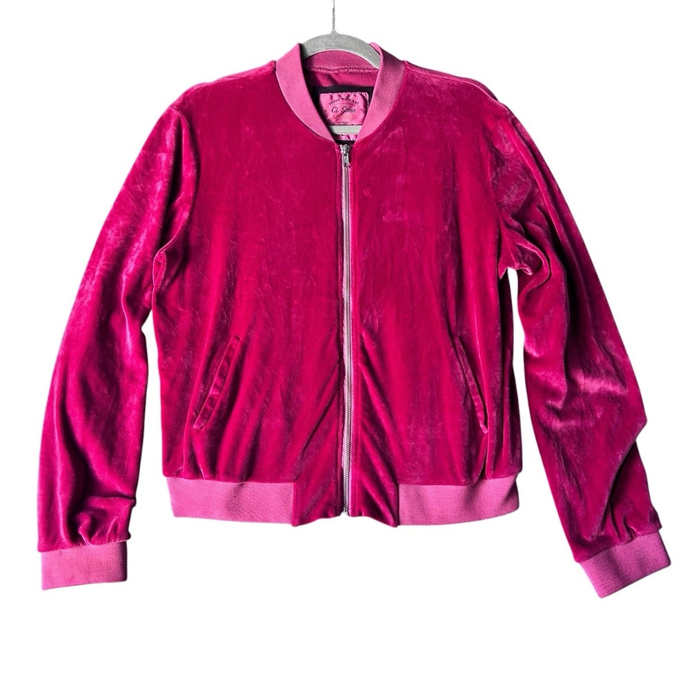 Y2K Velour Fuchsia Zip Up Jacket Baseball Style Size Large Soft Girl‎ Athletic